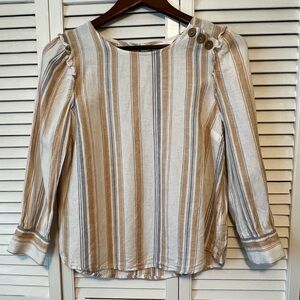 LC Lauren Conrad 3/4 Puff Sleeve Striped Top Linen / Lyocell Ivory Tan Blue XS